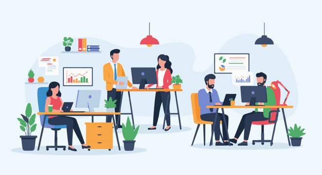 Flat vector illustration of people working in a modern office environment