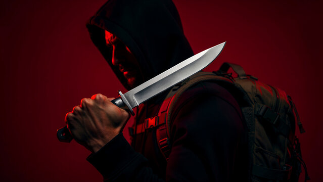 A menacing hooded figure, cloaked in shadow and illuminated by stark red light, grips a substantial, sharp combat knife firmly, conveying a strong sense of potential threat, danger, and silent