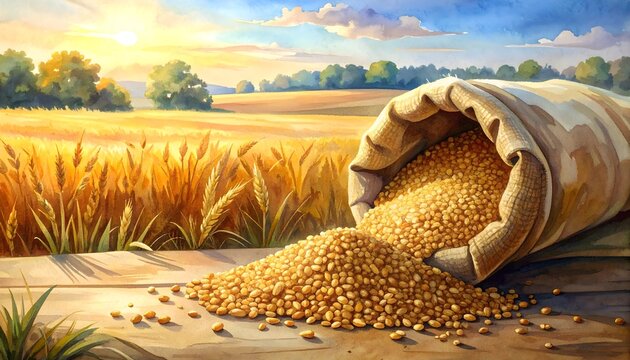 Golden wheat grains spilling from burlap sack in sunlit autumn field at harvest time