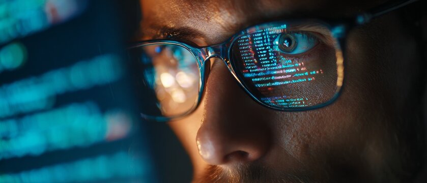 Close-up of programmer analyzing code reflected in eyeglasses