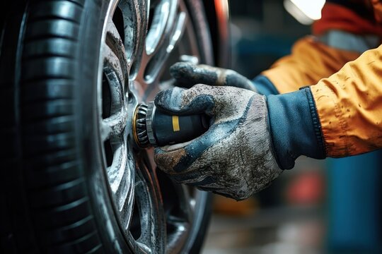 Close-up of dirty gloved hands using an impact wrench to tighten a car wheel lug nut on an alloy rim, focused mechanic at work with a gritty industrious mood