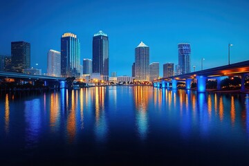 Fototapeta premium Calm twilight city skyline with illuminated high-rise buildings and two bridges casting blue and orange reflections across a serene river