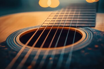 Fototapeta premium Close-up of acoustic guitar strings and soundhole with warm bokeh lights evoking a cozy nostalgic mood