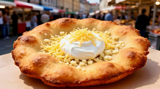 Traditional Hungarian Langos street food featuring crispy fried dough topped with creamy sour cream and shredded cheese at an outdoor market stall
