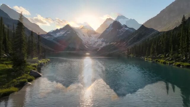 Majestic mountain range reflected in calm lake at sunrise or sunset
