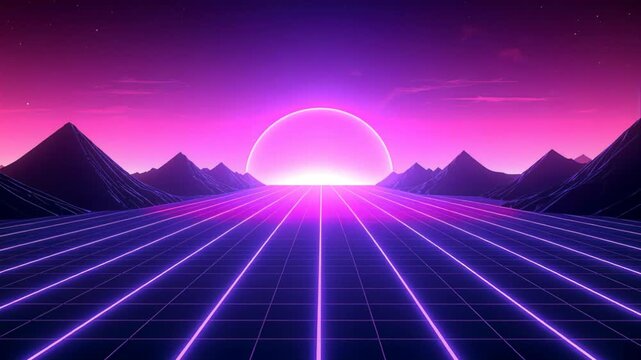 Vaporwave inspired scenery featuring a radiant sun setting on the horizon, luminous grid pattern below, and majestic mountains contrasting against a twinkling night sky.