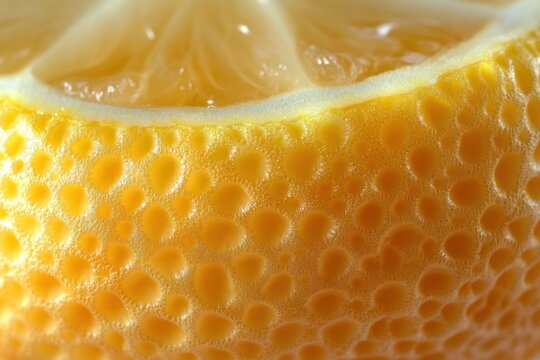 extreme close-up of orange peel and juicy citrus segment revealing vibrant porous rind, glistening pulp, pith and a fresh zesty invigorating feel