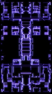 Vertical Cyberpunk HUD Interface with Symmetrical Digital Mainframe Blueprint and Glowing Neon Lavender Circuitry. Perfectly optimized for mobile-first creative projects, including vertical content.