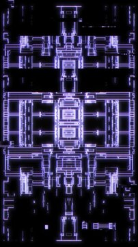 Futuristic Vertical Cyberpunk HUD Interface with Symmetrical Lavender Neon Circuitry and Abstract Digital Mainframe Blueprint. Perfectly optimized for mobile-first creative projects, vertical content.