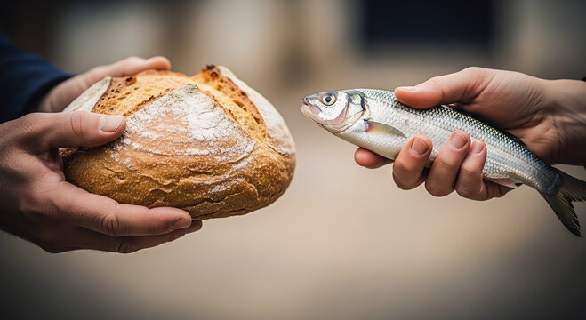 Two Hands Exchanging Fresh Bread And Fish Symbolizing Barter, Food Trade And Sharing