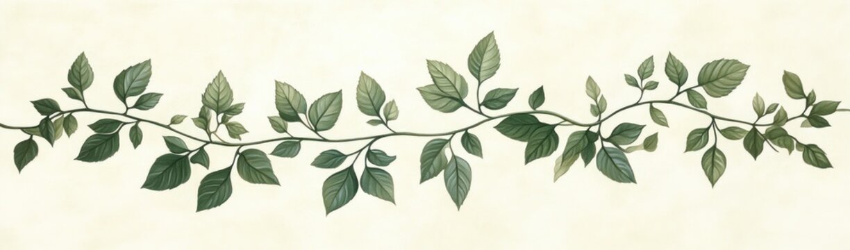 long horizontal green vine with delicate leaves on a soft cream background conveying calm natural elegance