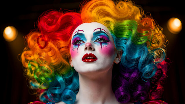 A stunning performer wearing elaborate professional clown makeup features a vibrant multi-colored rainbow curly wig that frames her face while she looks upward with intense artistic expression and...
