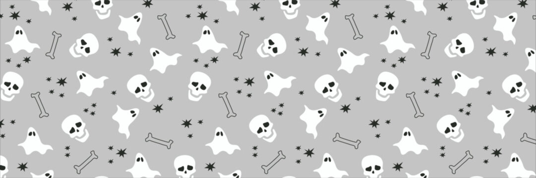 Seamless pattern for halloween gift decorating, stickers for sketchbooks and more. Skull, a ghost, and a bone background.