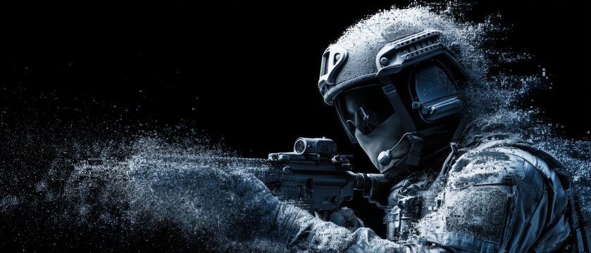 Futuristic soldier in combat gear with digital particle effect