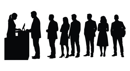 A queue of people waits at a reception desk with a clerk attending to the first individual a striking silhouette © GDMala02