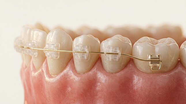 Luxury orthodontic braces close-up with ceramic brackets and gold archwire