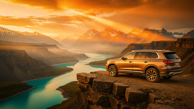 A sleek, modern luxury SUV, gleaming in the golden hour light, is dramatically parked on a rugged cliff edge, overlooking a breathtaking panorama of majestic snow-capped mountains and a winding...