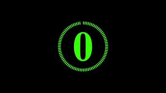 Random dial design illustration .Circle countdown timer one minute animation from 5 to 0 second animation . Modern flat design with animation . green color animation and black background. 4k video