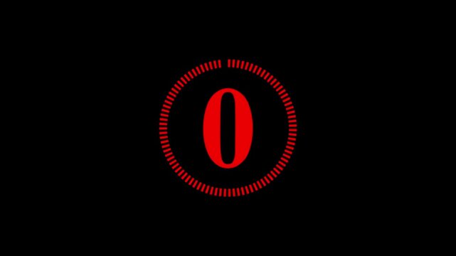 Random dial design illustration .Circle countdown timer one minute animation from 5 to 0 second animation . Modern flat design with animation . red color animation and black background. 4k video