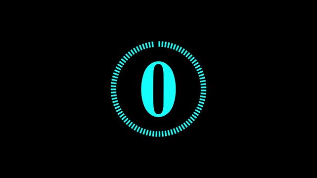 Random dial design illustration .Circle countdown timer one minute animation from 5 to 0 second animation . Modern flat design with animation . cyan color animation and black background. 4k video