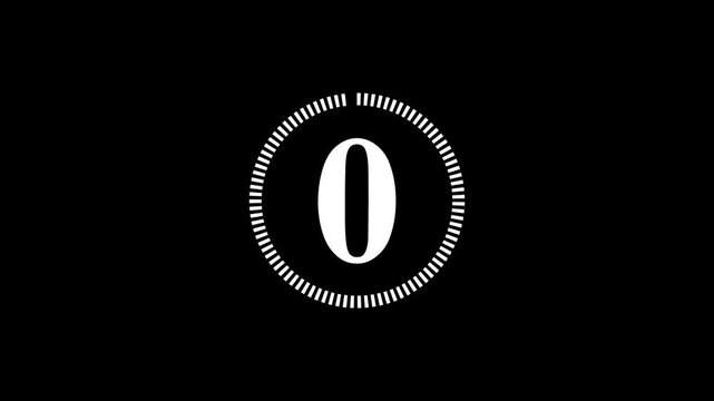 Random dial design illustration .Circle countdown timer one minute animation from 5 to 0 second animation . Modern flat design with animation . white color animation and black background. 4k video