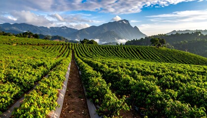 Naklejka premium Aerial view of lush green tea or spice plantation rows stretching towards misty mountains at sunrise