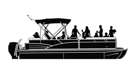 A black silhouette of a pontoon boat carrying several people enjoying a leisurely day on the water silhouette high quality © GDMala02