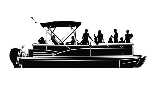 A black silhouette of a pontoon boat carrying several people enjoying a leisurely day on the water silhouette high quality