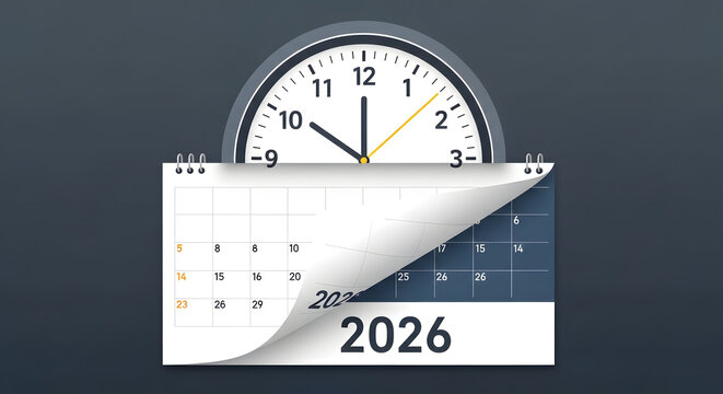 Time's Countdown to 2026: Conceptual image, the passing of time, depicted through a clock poised above a calendar revealing the year 2026. This visual encapsulates the idea of future planning.