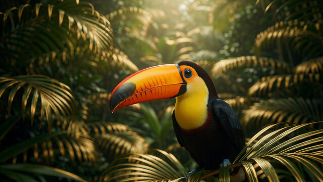 Vibrant toco toucan displaying a striking orange bill and sleek black plumage while showcasing its signature yellow throat patch and intense blue eyes that highlight the unique beauty and colorful