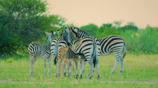 A herd of Zebras with a baby zebra breastfeeding her mother in savannah.