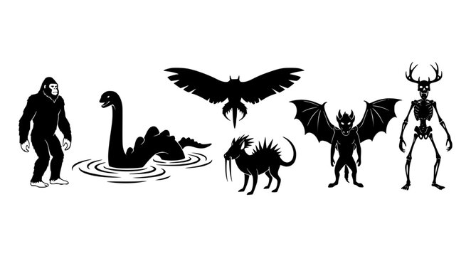 Cryptid Legends Silhouette Vector Set with Bigfoot Mothman and Nessie