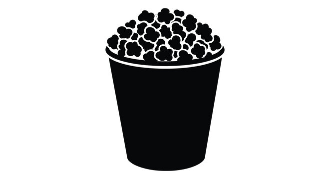 A black silhouette depicts a full bucket of fluffy popcorn showcasing a classic movie snack silhouette high quality professional detailed modern