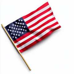 Fototapeta premium American flag United States patriotism Independence Day isolated white background waving handheld flag on wooden stick, clean cutout for holiday