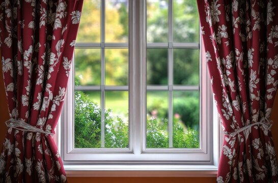 Sunlit white window with tied-back red floral curtains framing a blurred green garden, cozy and peaceful domestic view