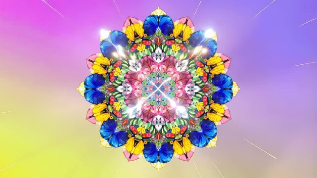 Gorgeous mandala design with symmetrical floral patterns and glowing rays of light, evoking a sense of balance and spirituality.