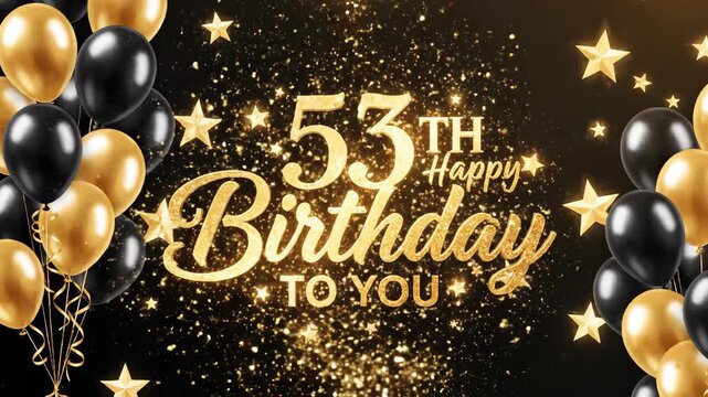 53rd Happy Birthday message with golden balloons and glittering stars