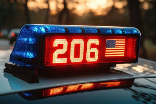 police rooftop light bar with blue housing and red led display reading 206 alongside an american flag, glowing at dusk on a reflective car roof with an urgent alert mood