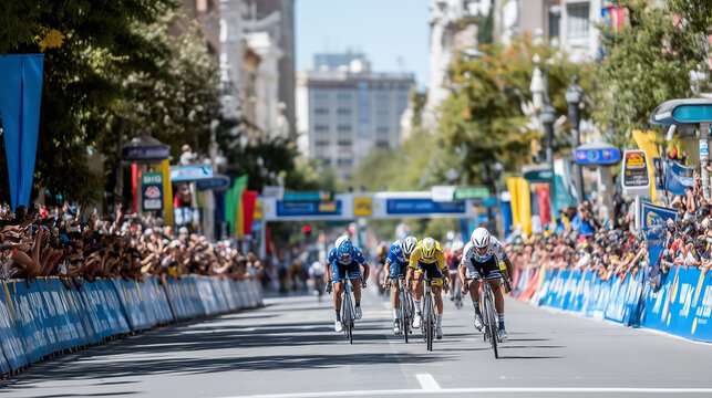 La Vuelta a Espana, Professional cycling peloton sprinting toward finish line with cheering crowd barriers during La Vuelta a Espa&ntilde;a road race stage in city