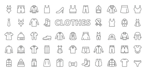 Fototapeta premium Clothes icons in line design. clothes, clothing, shirt, pants, dress, jacket, wardrobe on white background vector. Clothes editable stroke icons