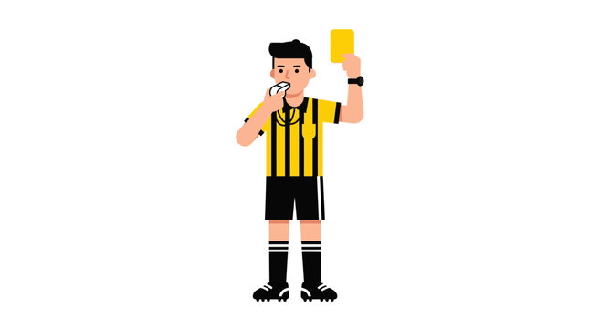 Strict soccer referee in uniform blowing a whistle and holding up a yellow card, indicating a warning or foul during a match, isolated white background.