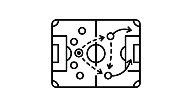 Soccer field strategy diagram with player positions, movement arrows, and tactical planning for a football match, isolated white background.