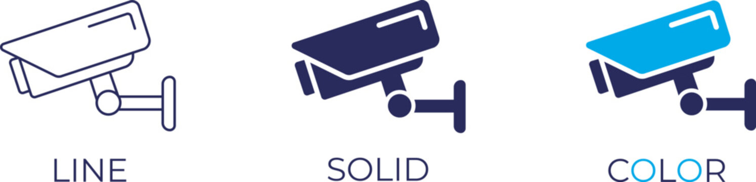 Security surveillance camera icons. CCTV, traffic monitoring, and recording concept, outline, stroke, and solid editable vector icon.