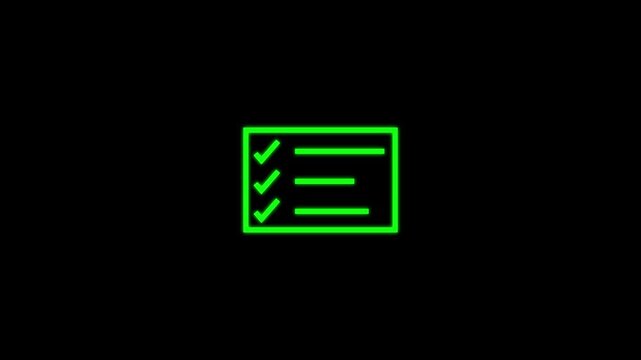 A simple green and black line drawing depicts a checklist with three check marks indicating completed tasks high quality professional detailed modern. 4k video animation