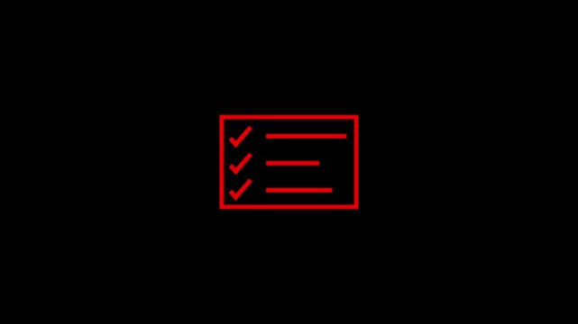 A simple red and black line drawing depicts a checklist with three check marks indicating completed tasks high quality professional detailed modern. 4k video animation