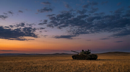 Fototapeta premium Tank in Field at Sunset Military Landscape 