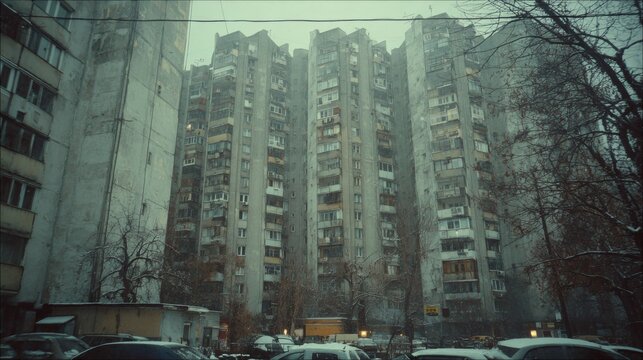 cold day Eastern Europe apartament block
