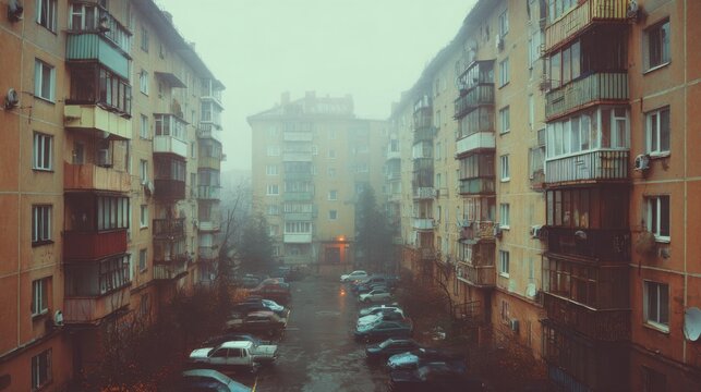 cold day Eastern Europe apartament block
