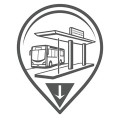 Simple line drawing of a bus stop with a bus and an arrow icon with an arrow poi © Saharima