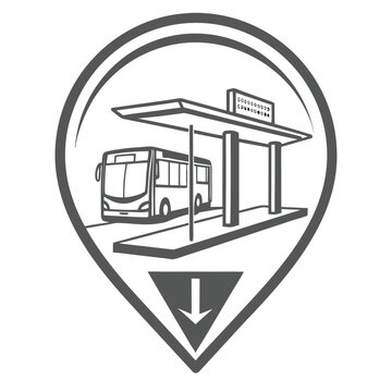 Simple line drawing of a bus stop with a bus and an arrow icon with an arrow poi